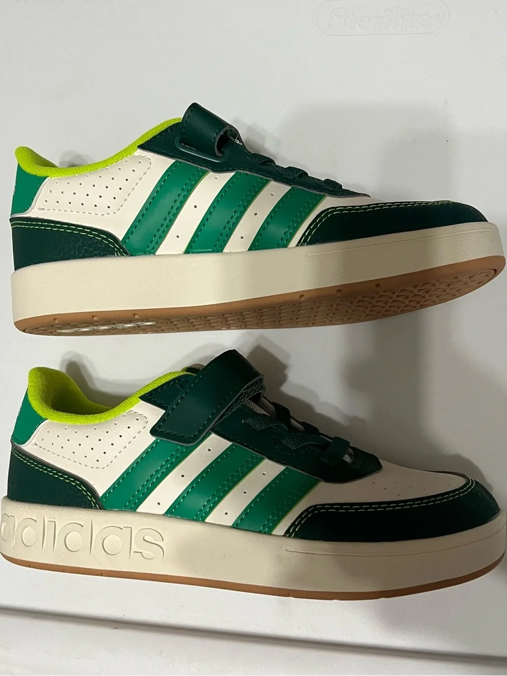Adidas BREAKBASE SHOES KIDS White & Dark Green Sneakers with Neon Lime. Sz-3